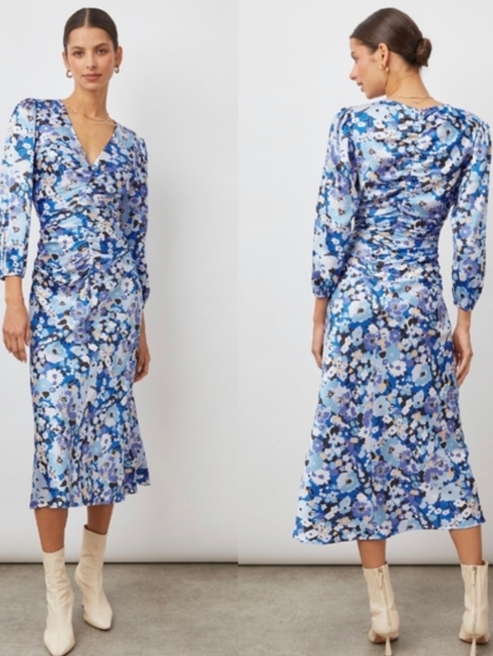Rails Blue Multi Floral V-Neck Midi 3/4 Sleeve Ruched Cocktail Party Dress, M! 🍁